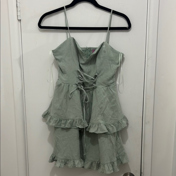 Green Ruffle Dress with Lace-Up Front - Picture 1 of 3
